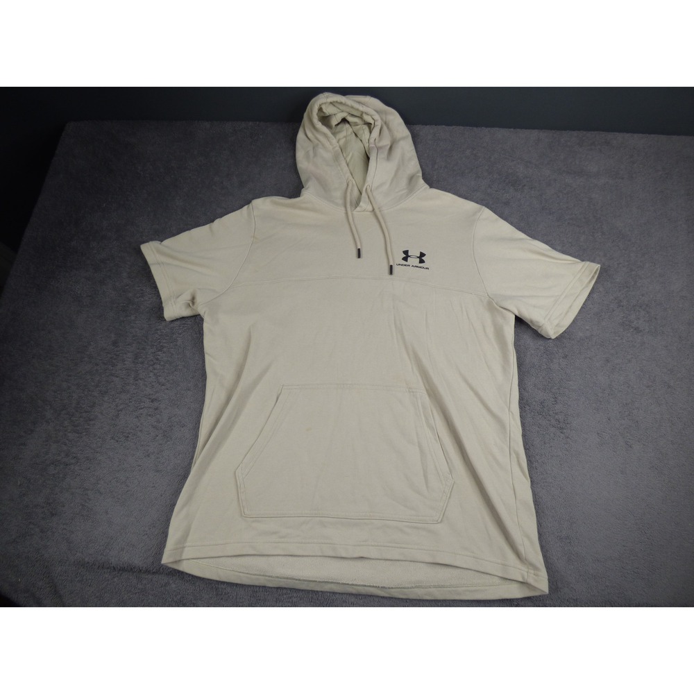 Under Armour Mens XL Short Sleeve Hoodie Tan Beige French Terry Pullover Logo